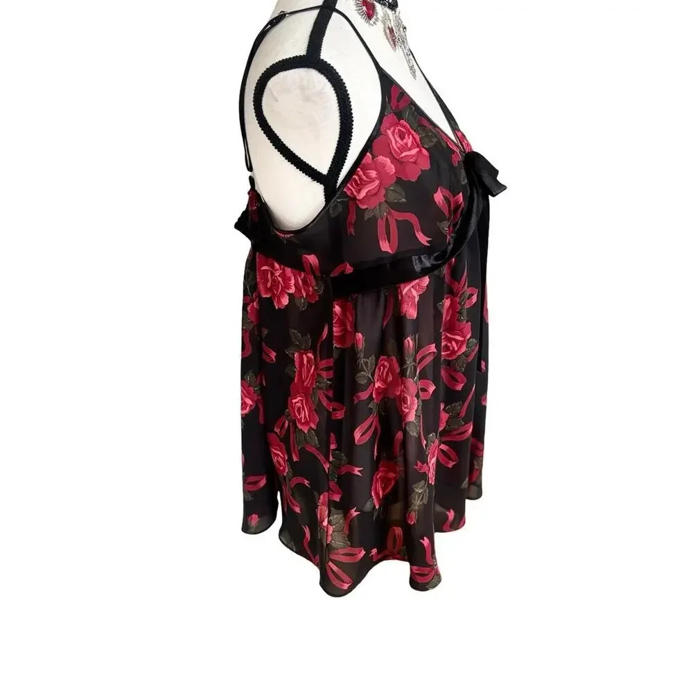 90's y2k vtg. Black Roses Ribbon Baby Doll Sheer Blouse Top‎ Large whimsy goth